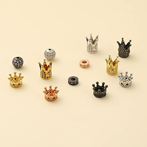 Loprome 24 Pieces King Crown Spacer Beads Crown Charms Rhinestone Beads Set, Mixed Color Brass Micro Pave Cubic Zirconia Round Ball Spacer Beads for