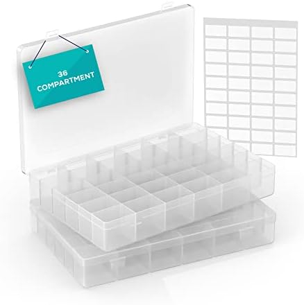 SIMARTZ Plastic Large Bead Organizer Box with Adjustable Dividers 2-Pack 36  Grids. Tackle Box Organizer with 5 Sheets of Labeling Stickers for Jewelry,  Crafts