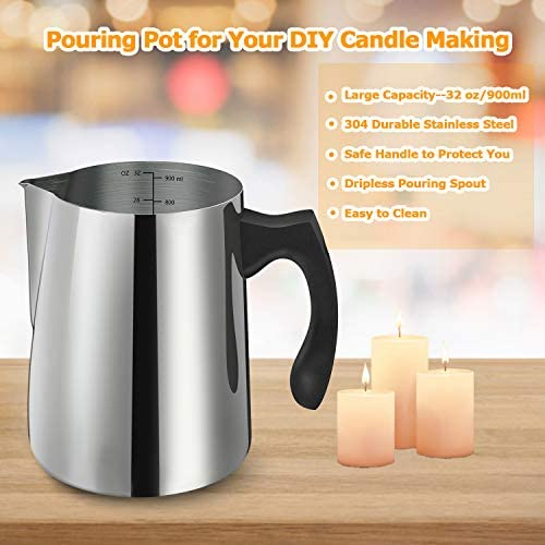 BBAXI Candle Making Pouring Pot, 32oz Double Boiler Wax Melting Pot, 304 Stainless Steel Candle Making Pitcher with Heat-Resistant Handle and Dripless