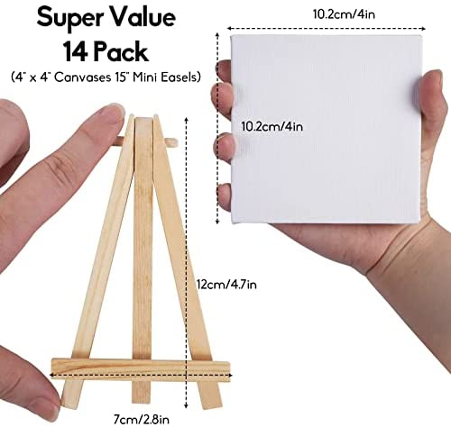 Tavolozza 14 Pack Mini Canvas and Easel Set, 14pcs 5 inch Mini Easel and 14pcs 4 inchx 4 inch Mini Canvas Panels, Small Stretched Canvas, Professional