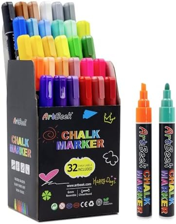 ArtBeek 30 Colors Chalk Markers Erasable Non-Toxic Dry Erase Chalk