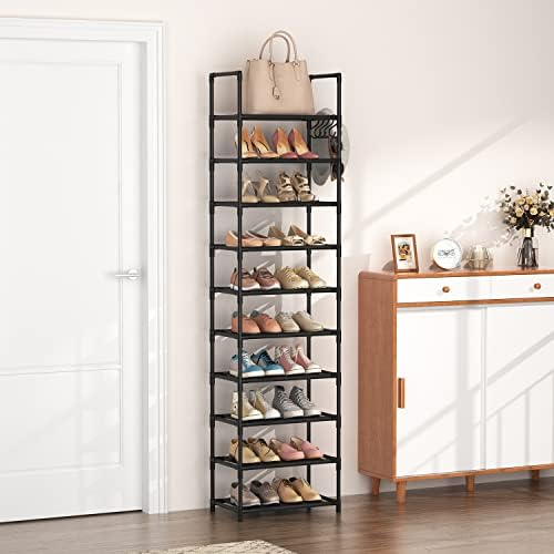 LANTEFUL 10 Tier Shoe Storage Cabinet with Door, Portable Narrow Organizer  Rack for 20 Pairs, White Plastic with Hooks for Entryway or Bedroom
