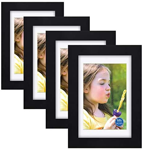 4x6 inch Picture Frames Made of Solid Wood and HD Glass Display Photos  3.5x5 with Mat or 4x6 Without Mat 4PK Black
