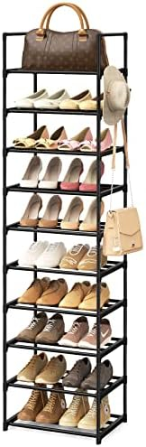 LANTEFUL 10 Tiers Tall Shoe Rack 20-25 Pairs Boots Organizer Storage Sturdy  Narrow Shoe Shelf for Entryway, Closets with Hooks, Black