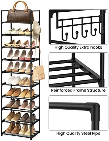 Mavivegue 10 Tiers Narrow Tall Shoe Rack,20-24 Pairs Metal Shoe and Boots  Organizer Storage Shelf, Space Saving Skinny Shoe Stand,Free Standing Shoe