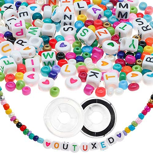 2600PCS 4mm Glass Seed Beads Bracelets Making Kit，600pcs Alphabet Letter  Beads for Jewelry Making and Crafts with Elastic String Cords，extended  chain
