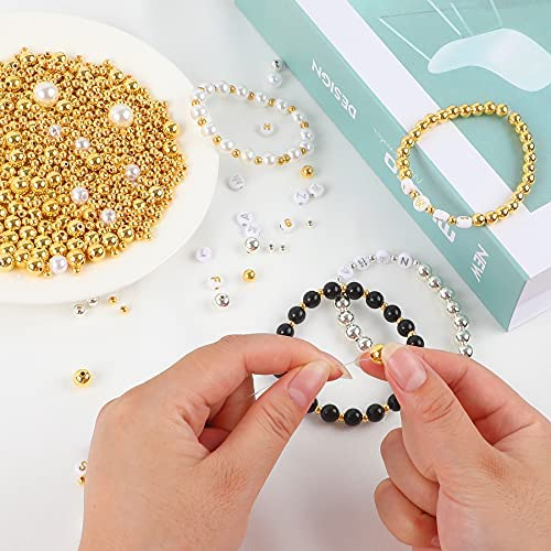 1800Pcs Jewelry Beads Making Set, Silver & Gold Round Spacer Beads 3 Sizes  Smooth Loose Ball Beads Alphabet Pearls Beads and 2 Rolls Elastic String  for DIY Craft Making Supplies