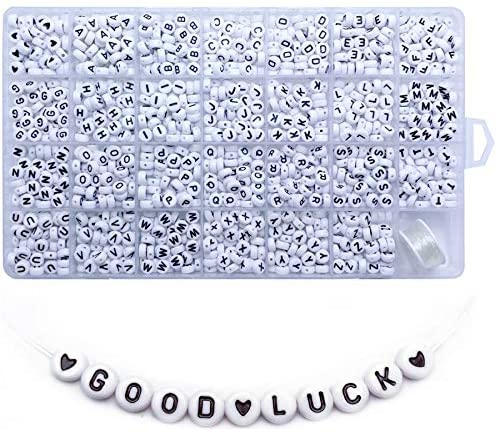 Amaney 1400 Pieces 4x7mm White Round Acrylic Alphabet Letter Beads A-Z Heart Pattern Beads and Crystal Line for Jewelry Making Bracelets Necklaces