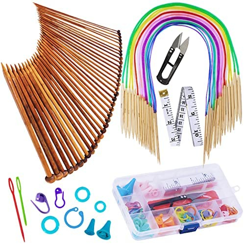 18 Pairs Circular Knitting Needles Set, Vancens Premium Bamboo Knitting Needles with Colorful Plastic Tube, 5 Kind of Tools for Weave Are Included, 18