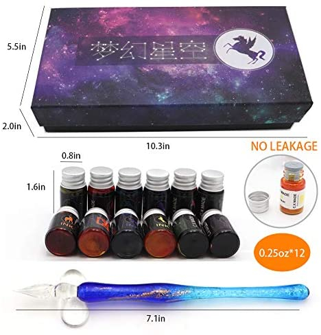 Zzkoko Glass Pen Set, Calligraphy Set - 12 Colors Ink, Glass, Pen Holder, Crystal Vintage Glass Dip Pen for Art, Writing, Drawing, Signatures