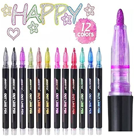 Marker Pen for Highlight, 12 Colours, Metallic Markers, Glitter