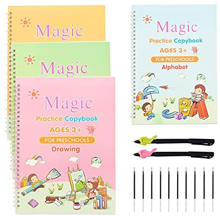 Upgraded Large Magic Practice Copybook Set(Size 10.5x7.3)-4PCS Reusable  Magic Practice Copybook for Kids-Magic Copybook Large- Magic Calligraphy