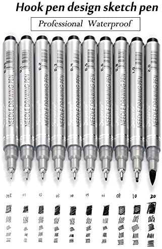 Set of 10 Black Micro-Pen Fineliner Ink Pens Anti-Bleed & Waterproof Archival Ink Brush & Calligraphy Tip Nibs - Artist Illustration Office