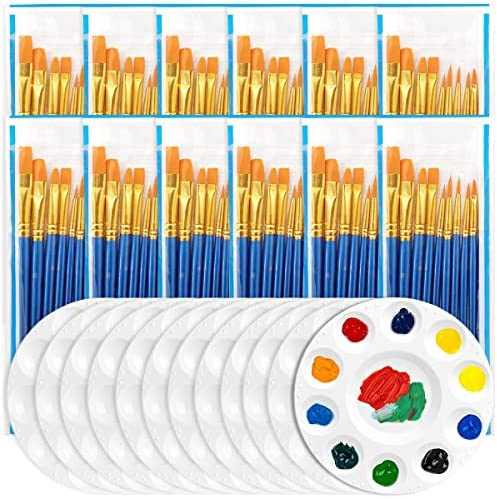 12 Pack Paint Brushes Pallete Set Bulk,120pcs Round Pointed Tip Paint  Brushes Nylon Hair Acrylic