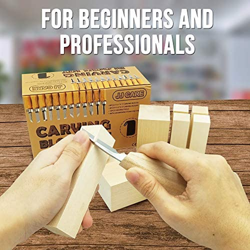 JJ Care Wood Carving Kit [12 SK2 Wood Carving Knives with Case, 10 Basswood Carving Blocks, and 1 Grinding Stone] - Beginner Wood Carving Kit, Wood
