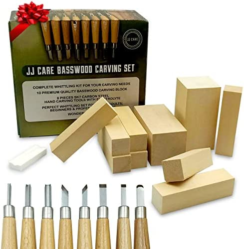 JJ CARE Wood Carving Kit with 8 Piece Wood Carving Tools & 10 Wood Blocks  for Kids and Adults, Premium Wood Carving Set SK7 Carbon Steel Tools