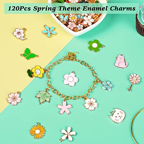 MARFOREVER 120 Pcs Spring Summer Gifts Floral Themed Flower Charms for Jewelry Making, Assorted Gold Enamel Charm Pendants for DIY Necklace Bracelet