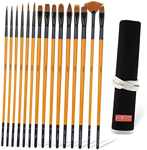 HIBOO Art Paint Brush Set-15 Different Sizes of Professionals Paint Brushes  Long Wooded Handles with Oil-Sealing Technique for Watercolor Acrylic  Oil，Face and Nails Painting (Yellow & Blue)