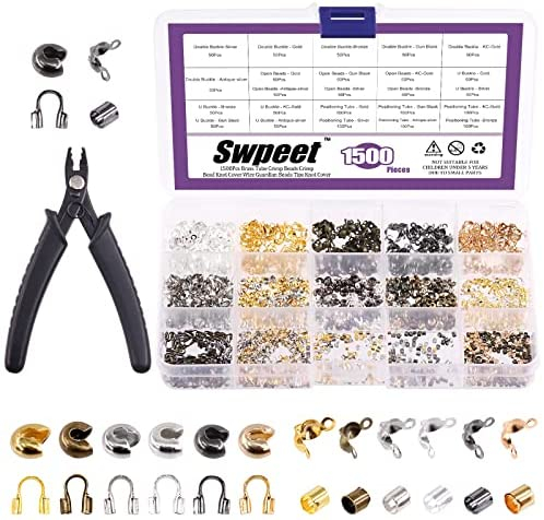Swpeet 1501Pcs 6 Colors 4 Styles Brass Tube Crimp Beads with Bead Crimping  Pliers Kit, Including