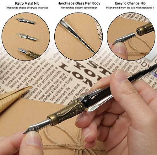 UPQRSG Dip Pen Kit, Crystal Glass Signature Set with 4 Color Inks Pen  Holder 2 Pens, Calligraphy Vintage Dip Ink Pen, Calligraphy Kits for  Beginners