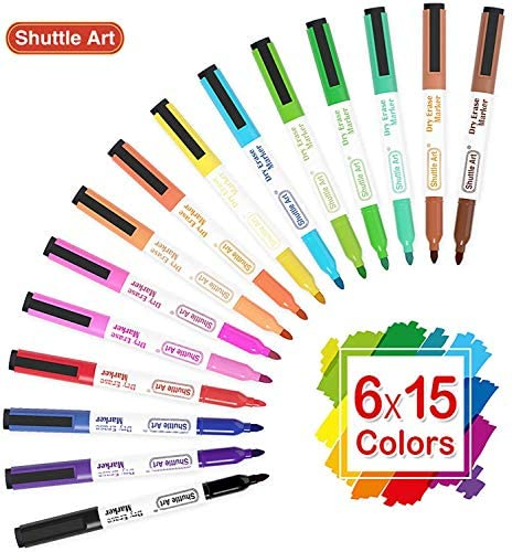 Dry Erase Markers, Shuttle Art 90 Bulk Pack 15 Colors Magnetic Whiteboard Markers with Erase, Fine Point Dry Erase Markers Are Perfect for Writing
