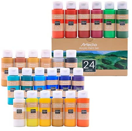 Artecho Acrylic Paint Set of 24 Colors 59ml / 2oz Art Paint for Canvas Painting Craft Paint Supplies for Rock Wood Fabric Rich Pigments for