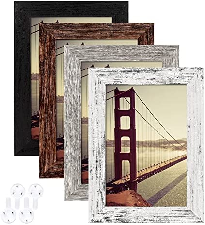 BAIJIALI 4x6 Picture Frame Distressed Farmhouse Wood Pattern Set of 4 with  Tempered Glass,Display Photos 3.5x5 with Mat or 4x6 Without Mat