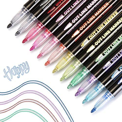 TaKicola Double Line Outline Markers Self-Outline Metallic Markers Glitter  Writing Drawing Markers Set (12 Color Pens)