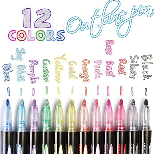 TaKicola Double Line Outline Markers Self-Outline Metallic Markers Glitter  Writing Drawing Markers Set (12 Color Pens)