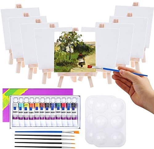  Auihiay 12 Sets Mini Canvases for Painting, Art Canvas Painting  Kit with 4 x 4 Inch Mini Canvas and Stretched Easel, Acrylic Paint, Brush,  Palette, Kids Sip and Paint Party Supplies