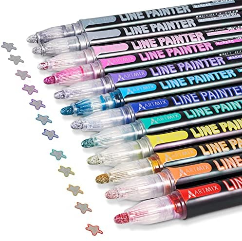 ARTMIX Double Line Outline Pens - 12 Colors Self Outline Metallic ...