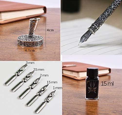 Vintage Antique Feather Pen Stem Metal Writing Quill Pen Set Calligraphy Pen  Metal Carving Appearance,with 5 PCS Nibs (Black Wing)