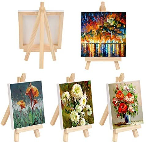 WOWOSS 20 Pack Mini Stretched Canvas with Wooden Easel, 4x4 inch, Art Primed Canvases for Kids Painting, Acrylic Pouring, Oil Paint & Wet Art Media