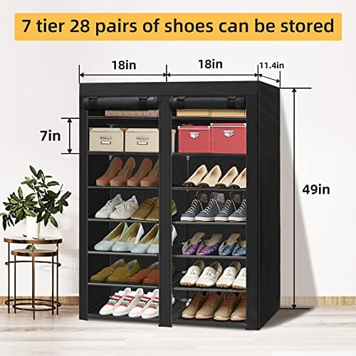 Erone Shoe Rack Storage Organizer , 28 Pairs Portable Double Row with Nonwoven Fabric Cover Shoe Rack Cabinet for Closet (Black)