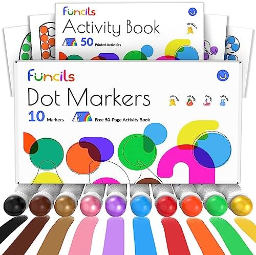 Funcils 10 Washable Dot Markers for Toddlers with Free Activity Book |  Water Based Non Toxic Paint Dotters & Bingo Daubers for Kids & Preschoolers  