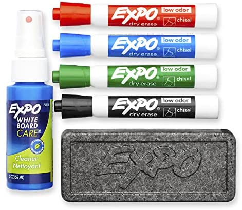 Expo Low Odor Dry Erase Marker Set with White Board Eraser and Cleaner, Chisel Tip Dry Erase Markers, Assorted Colors, 6-Piece Set with Whiteboard  Cleaner