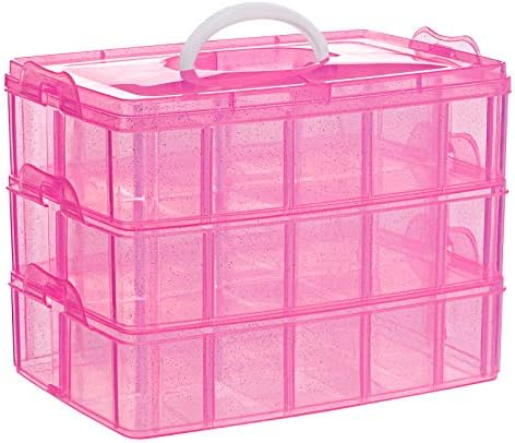 SGHUO 3-Tier Pink Craft Storage Container Box, Stackable Organizer