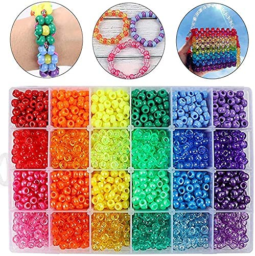 Quefe 2880pcs Pony Beads Kit Rainbow Beads Plastic Bead for Craft 6 x 9mm  24 Colors 4 Styles Large Hole Beads Set for Bracelets Jewelry Making
