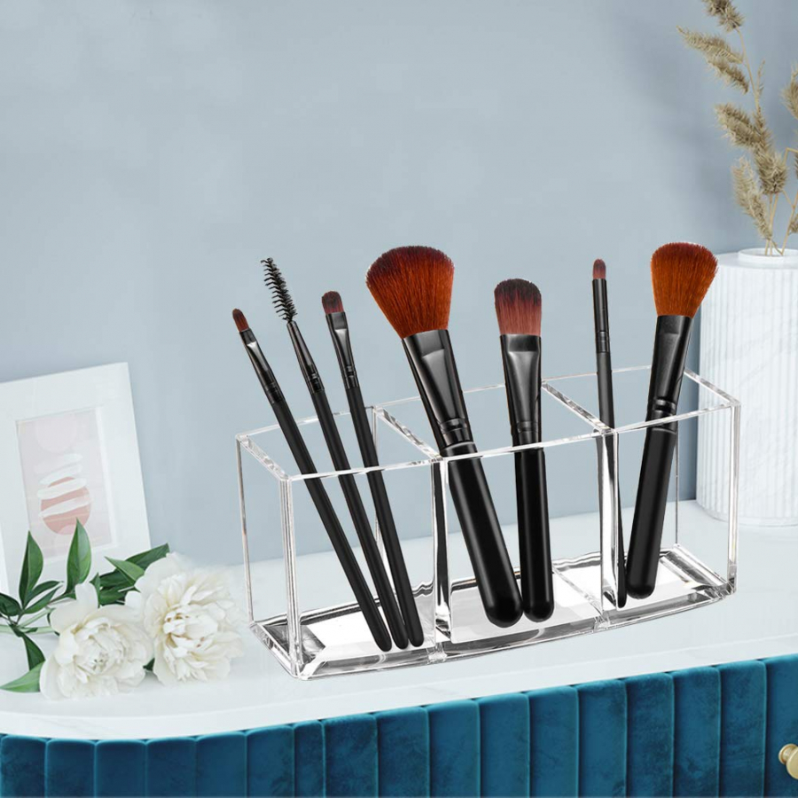 Watpot Acrylic Makeup Brush Organizer Holder Clear Cosmetic Brushes Storage with 3 Slots