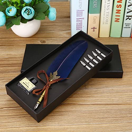 Feather Quill Pen Vintage Feather Dip Ink Pen Set Copper Pen Stem Writing Quill Pen Calligraphy Pen As Christmas Birthday Gift Set (Blue)
