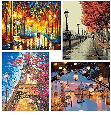 Paint by Number for Adults, 4 Pieces Paint by Numbers for Adults Beginner  Drawing Paintwork with Paintbrushes Cityscape Paint Canvas Oil Painting  12X16inch