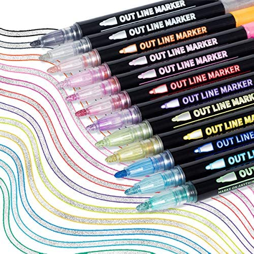 12/24 Colors Outline Markers Shimmer Markers Set Self-Outline Metallic  Markers for Doodling Drawing and Calligraphy 12 Colors