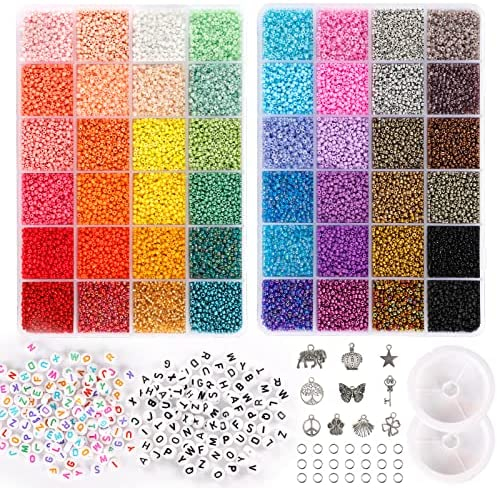 Quefe 36000pcs Glass Seed Beads, 2mm 12/0 Small Bracelets Beads and 260  Letter Beads for Jewelry Making Crafts