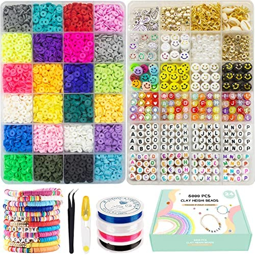 Total 7200 Pcs, Clay Beads for Bracelet Making Kits, 24 Colors 6000 pcs  Flat Clay Heishi Beads, 16 A-Z Smiley Face Beads