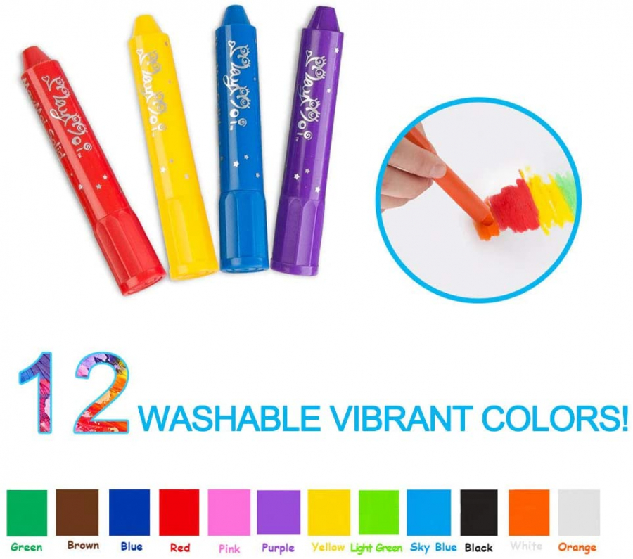 MayMoi Washable Crayons Tempera Paint Sticks for Kids Teens and Adults 12 Colors Non-Toxic Quick Drying