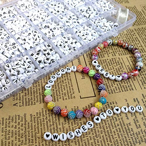 Amaney 1000 Pieces 7×4mm White Round Acrylic with Gold Alphabet Letter  Beads for Jewelry Making Bracelets Necklaces Key Chains