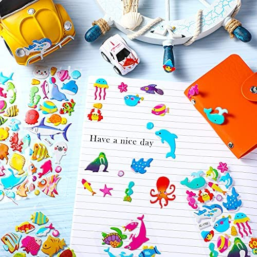 Fulmoon 288 Pieces/12 Sheets Kids Sea Animal Stickers 3D Puffy Stickers Toddlers Colored 3D Sticker Puffy Fish Stickers Decals Cartoon Sea Ocean