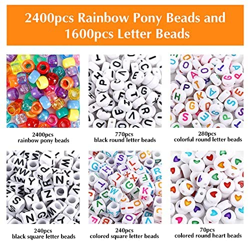 UOONY 4000pcs Pony Beads Kit, 2400pcs Rainbow Kandi Beads and 1600pcs Letter Beads, 24 Colors Plastic Craft Beads Bulk for Bracelets Jewelry Making