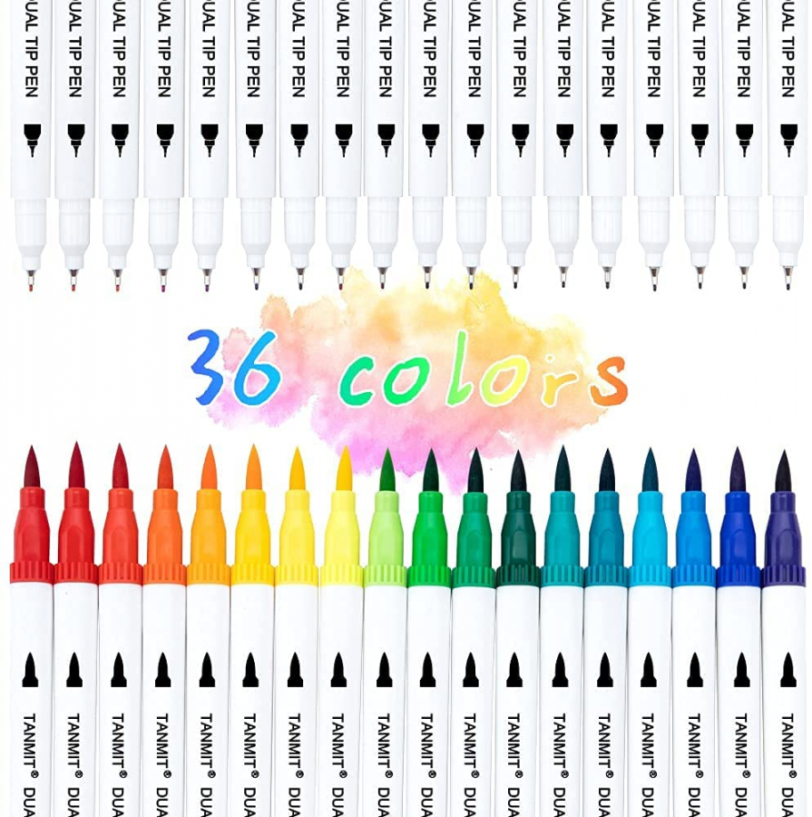 Dual Tip Brush Marker Pens, Tanmit 0.4 Fine Tip Markers & Brush Highlighter Pen