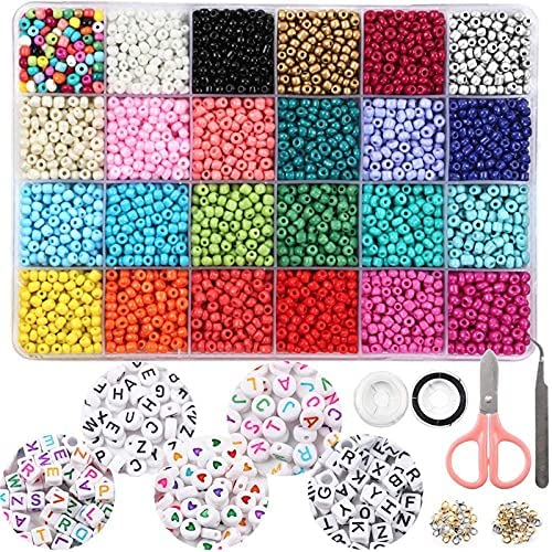 OUTUXED 7200pcs 4mm Glass Seed Beads and 300pcs Alphabet Letter